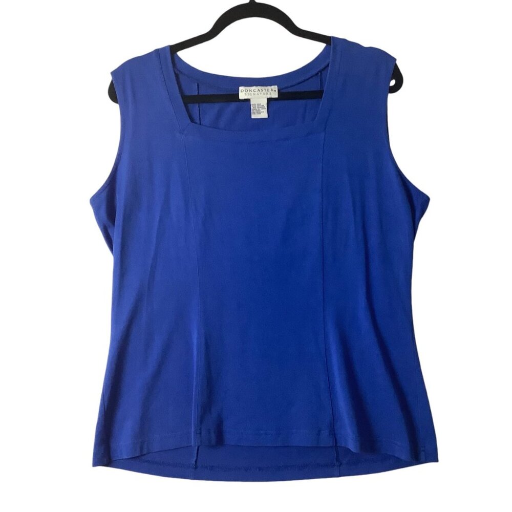 Doncaster Signature Women Sz Large Sleeveless Silk Blend Blue Blouse Square Neck